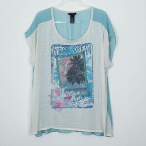 Lane Bryant Womens Ocean Dream Linen Blend Graphic Top Size 22/24 Coastal Beachy